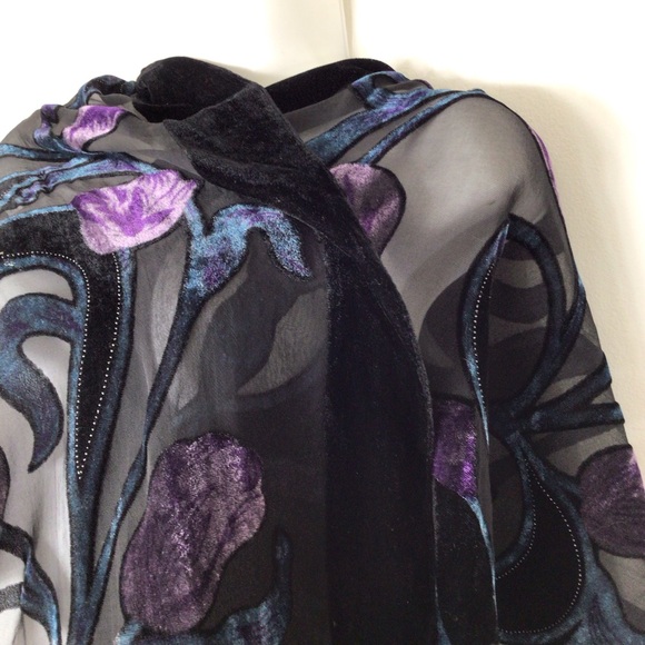 Scarf women silk velvet black purple floral - Picture 2 of 4